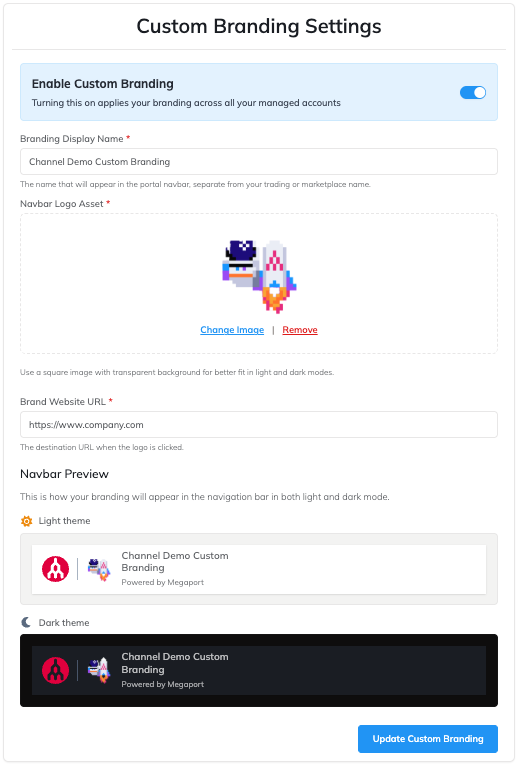 The Navbar preview appears at the bottom of the page when you have filled the other fields, with the Create Custom Branding button after it